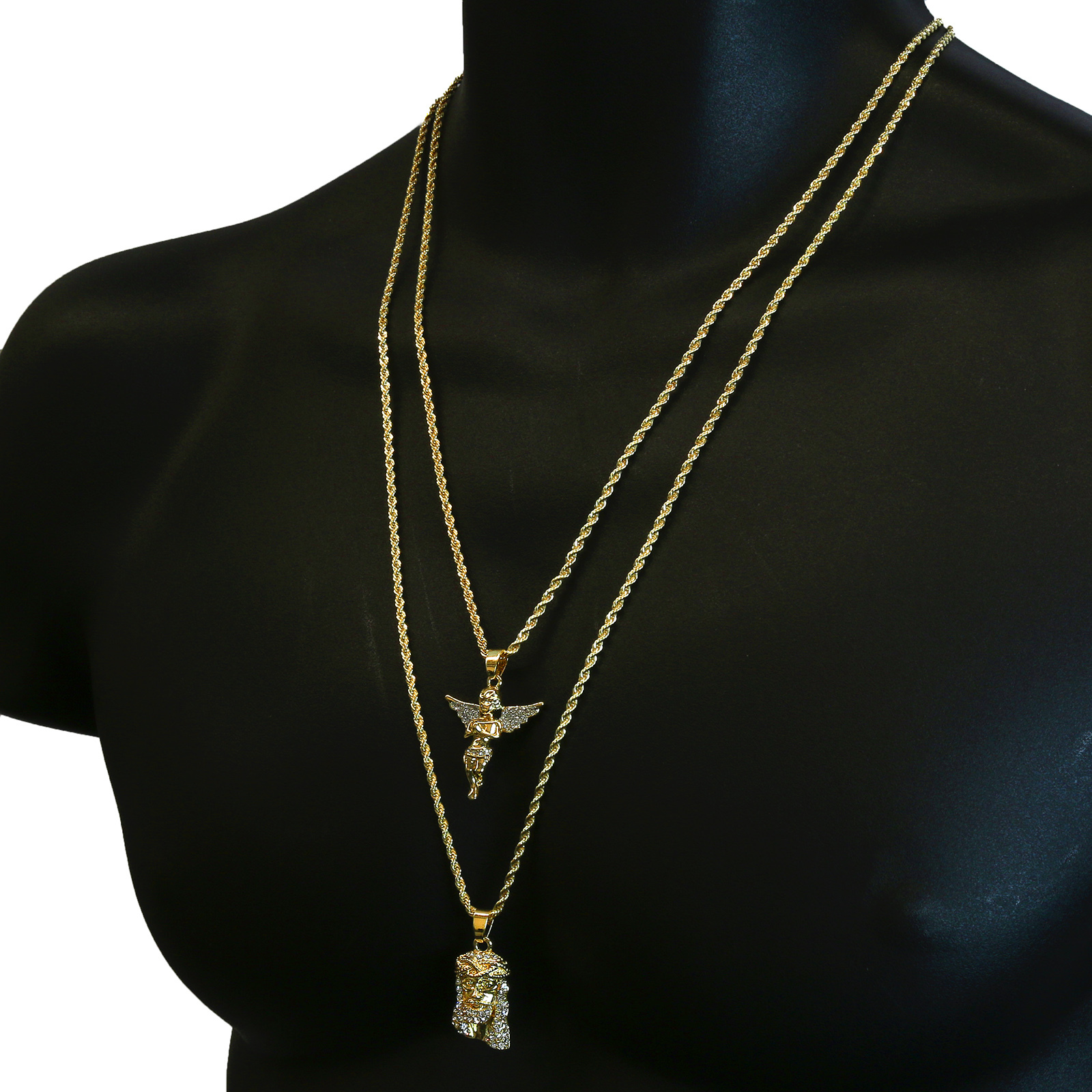 Men 14k Gold Plated Jesus & Angel Cubic-Zirconia 30″ & 24″ Rope chain 07