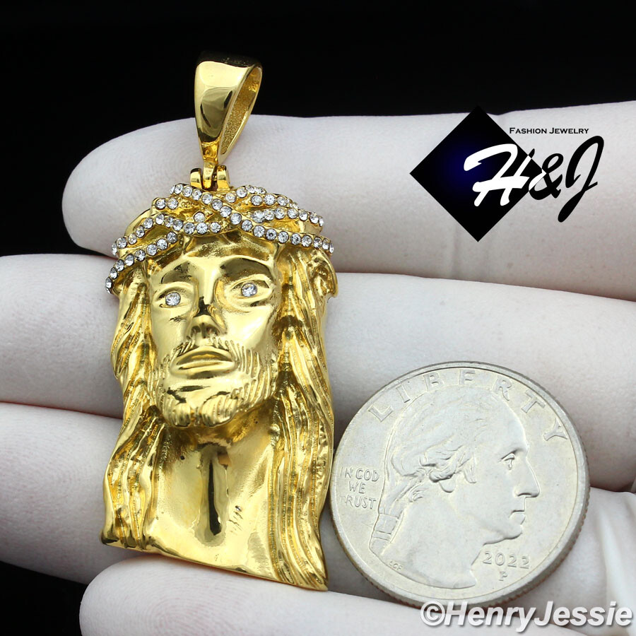 18″-40″MEN Stainless Steel 5mm Gold Plated Cuban Chain CZ Jesus Face Pendant*133