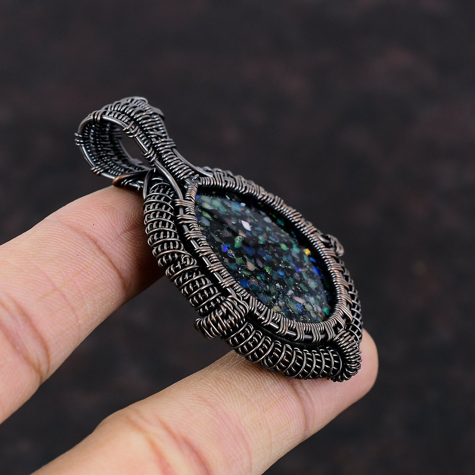 Black Ethiopian Opal Jewelry Copper Gift For Mom Wire Wrapped Pendant 2.56″