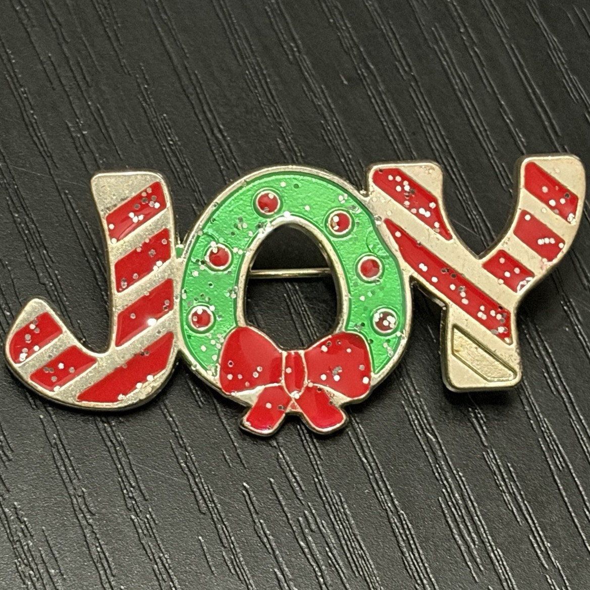 JOY Christmas Brooch Pin Red Green Gold Enamel Wreath Bow Candy Cane