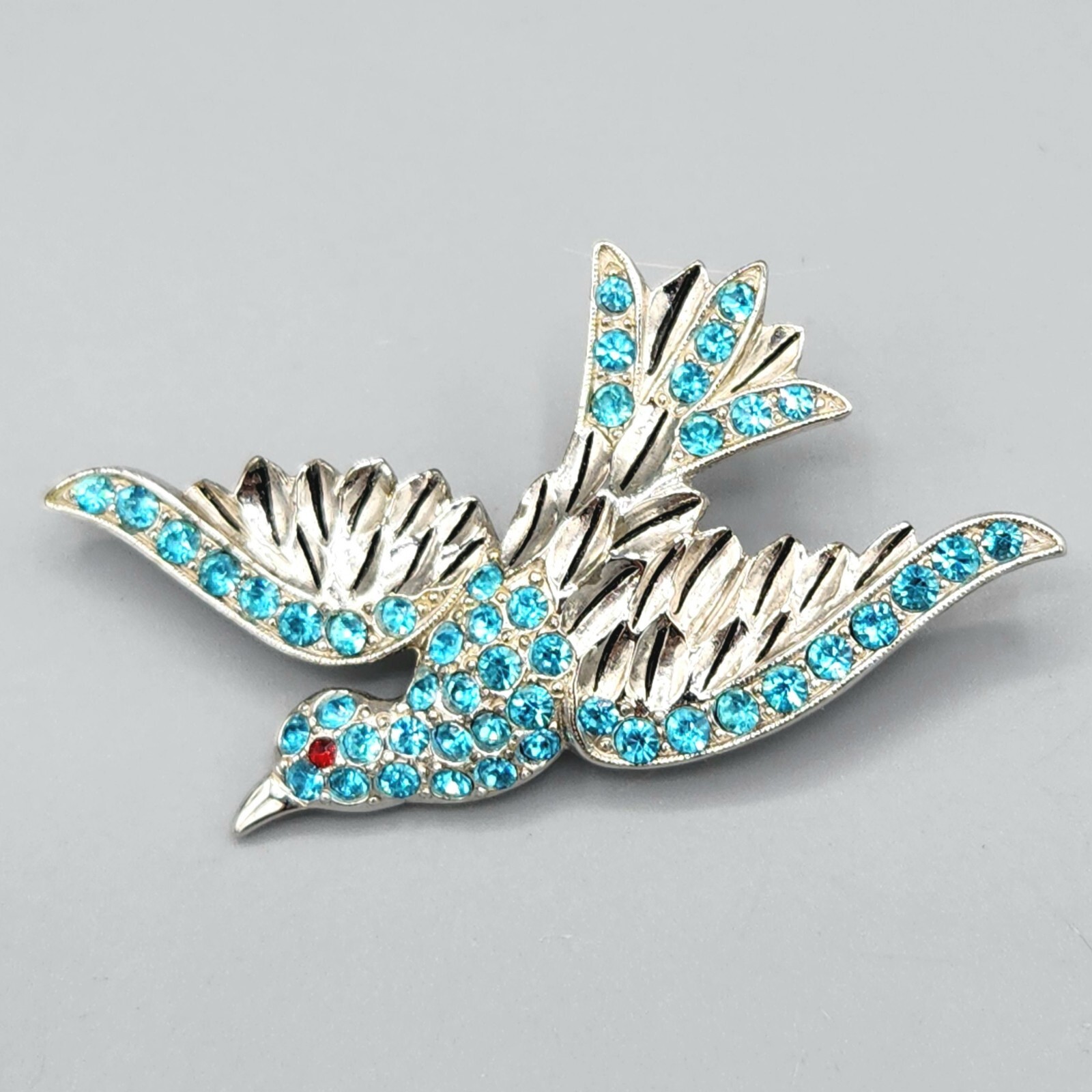 Vintage Retro Ora Signed Figural Blue Rhinestone Rhodium Plate Bird Brooch