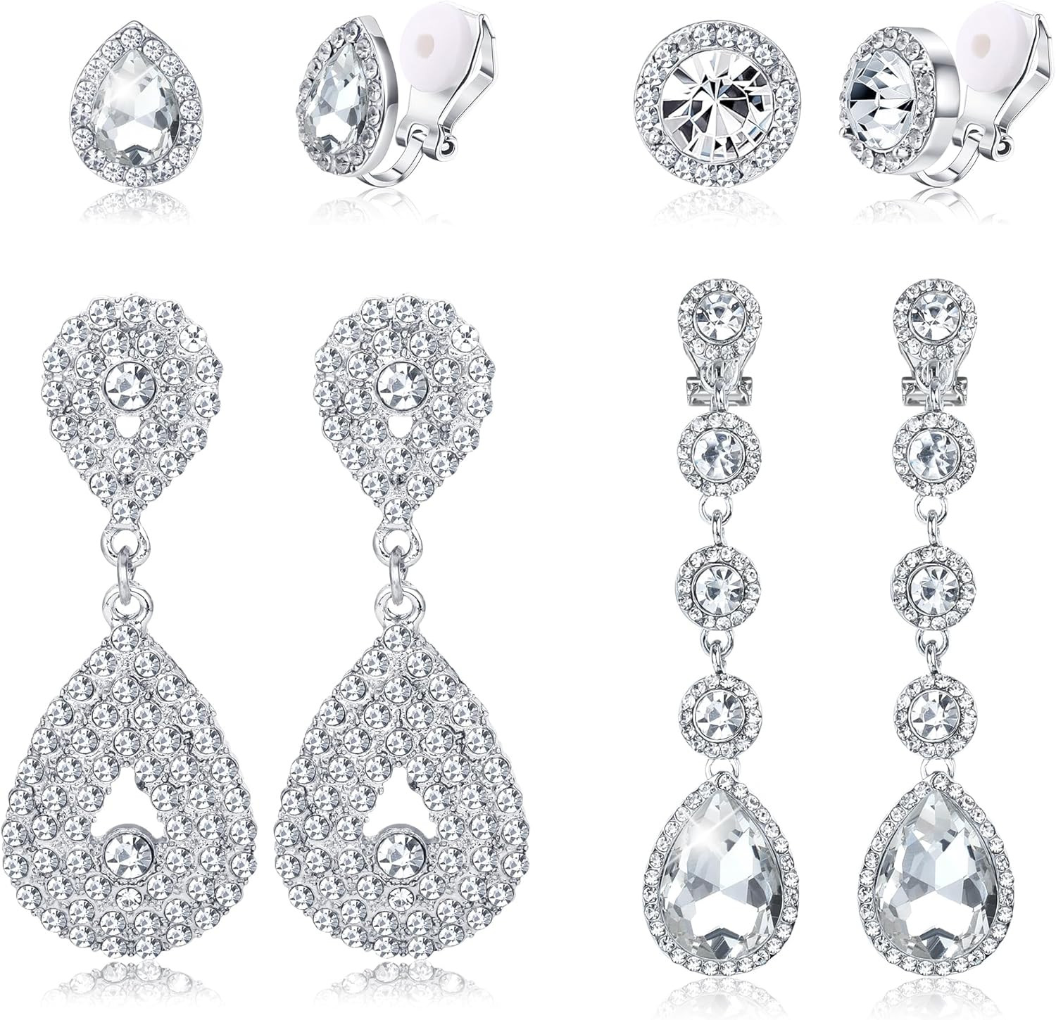 Jstyle 4 Pairs Silver Clip on Earrings for Women Elegant Rhinestone Clip on Earr