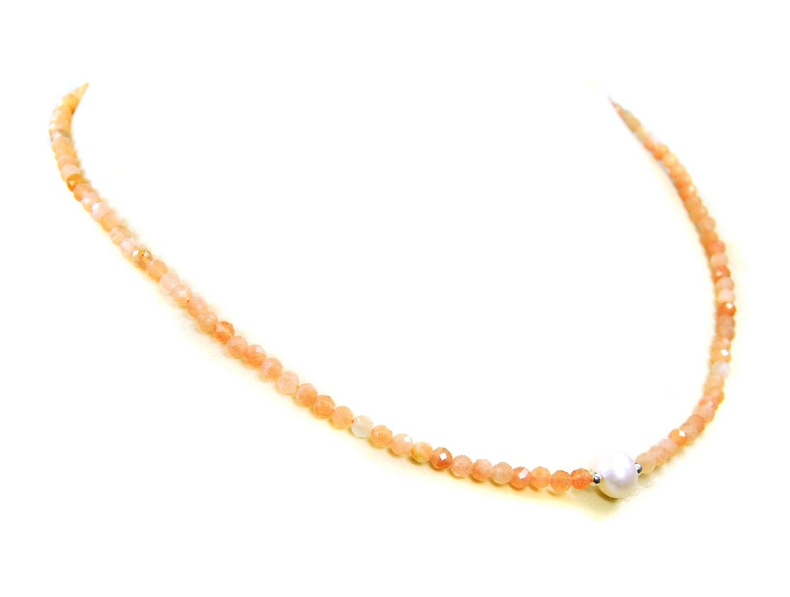 Healing Stone Sunstone Necklace 925 Silver Faceted Ø3mm with Freshwater Pearl