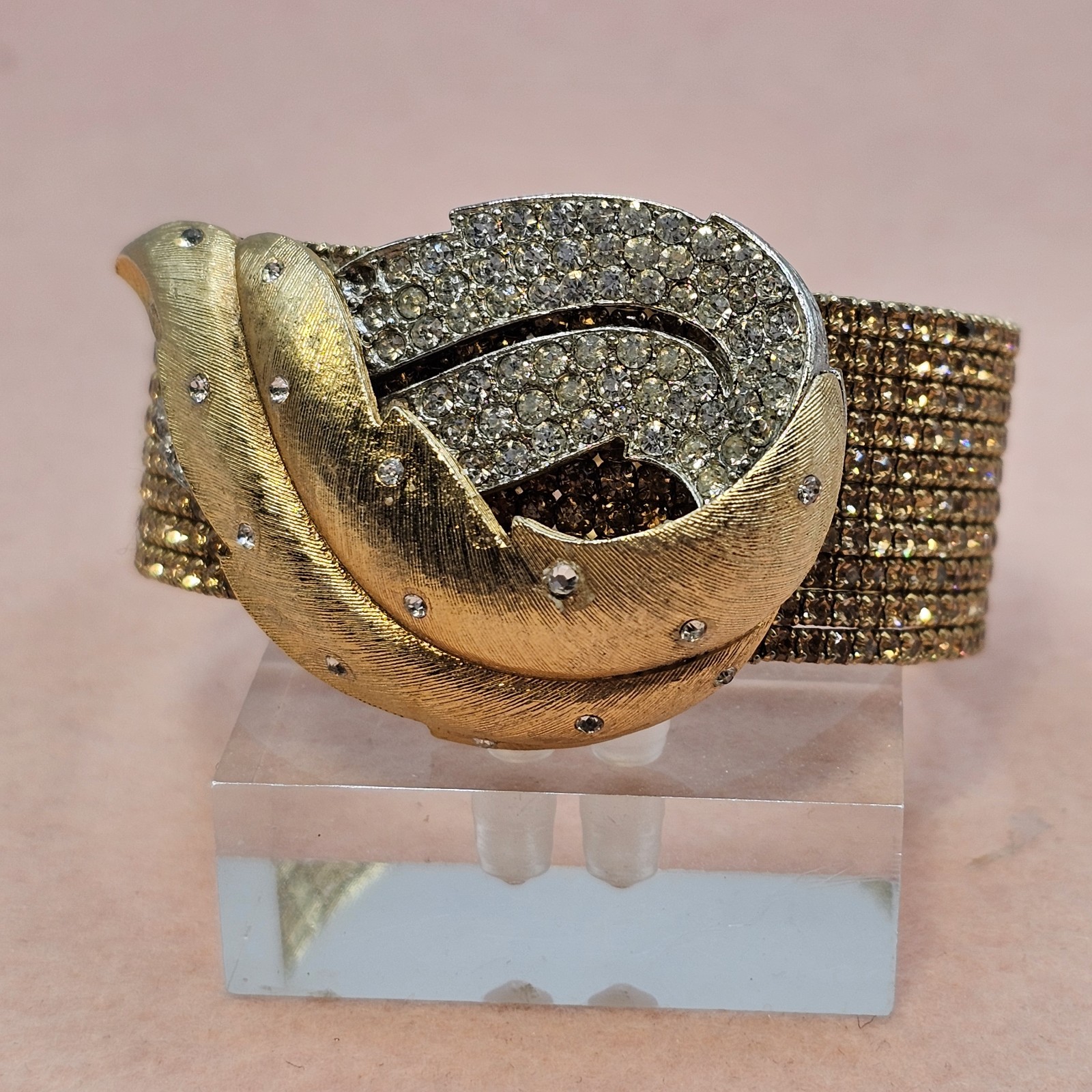 Mixed Media Amber Color Bracelet Brooch Embellished Goldtone One Of A Kind