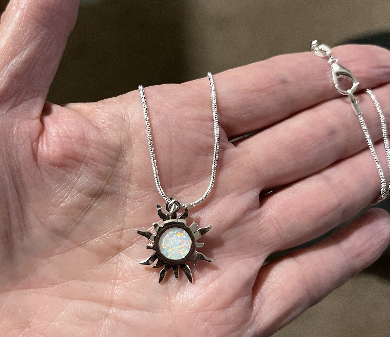 Sterling Silver Sun White Lab Opal Pendant 18″ Necklace Face Height: 19.7mm 🤩