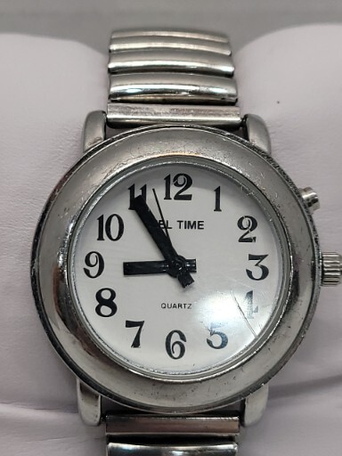 Vintage Tel-Time Watch Easy To Read Numerals Runs Speaks Date & Time Silver Tone
