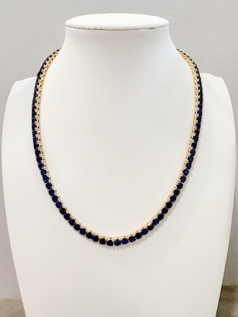 18.0ct Lab Created Round Cut 4mm Sapphire 14K Yellow Gold Plated Tennis Necklace
