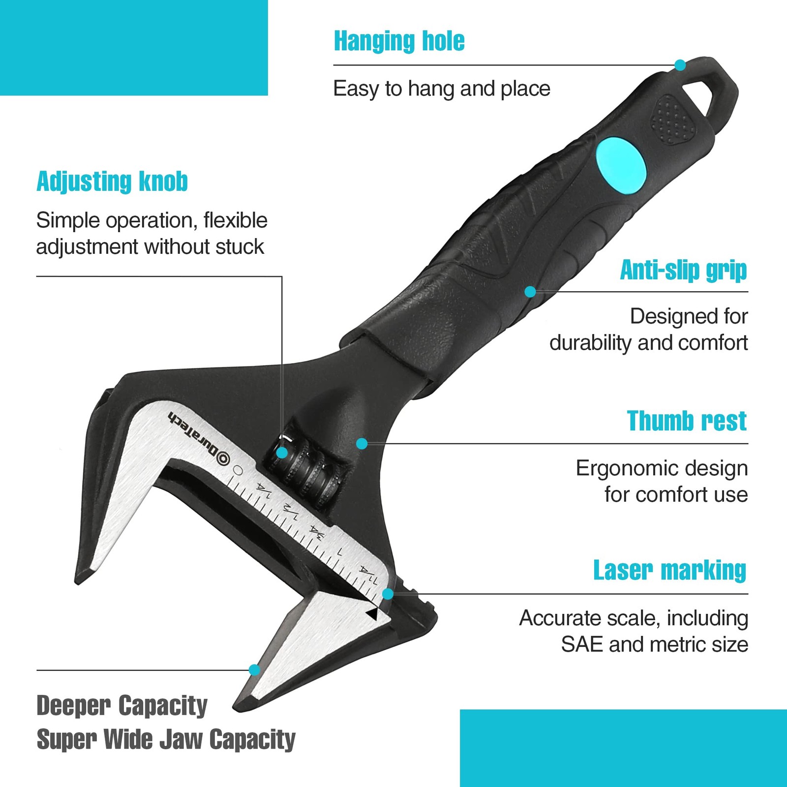 DURATECH 8-Inch Adjustable Wrench, Wide Jaw Opening Black Oxide 8-Inch,