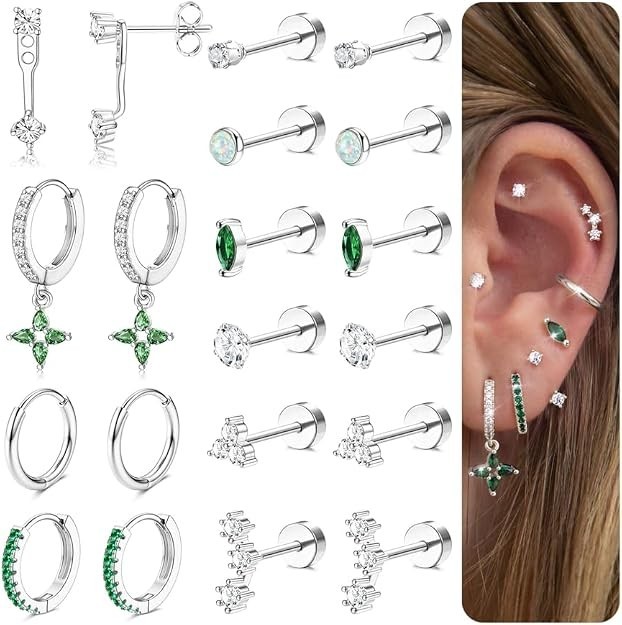 14K Gold Plated Flat Back Earrings Set 20G Surgical Steel Cartilage Hoop Studs