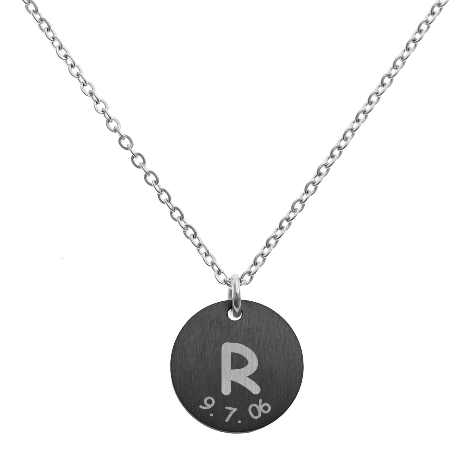 Engraved Black Metal Initial Letter Disc Pendant Chain Necklace 18.5 in + 2.5 in