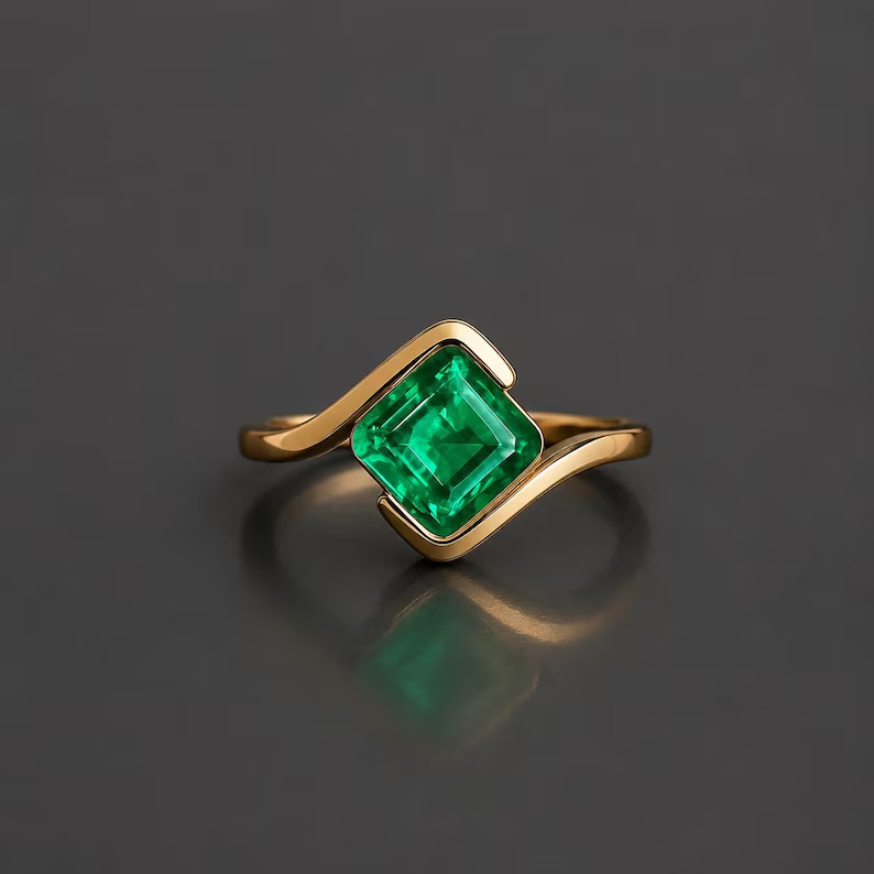 Lab Created Green Emerald Ring, Base Metal: Brass Finish: Gold Plated