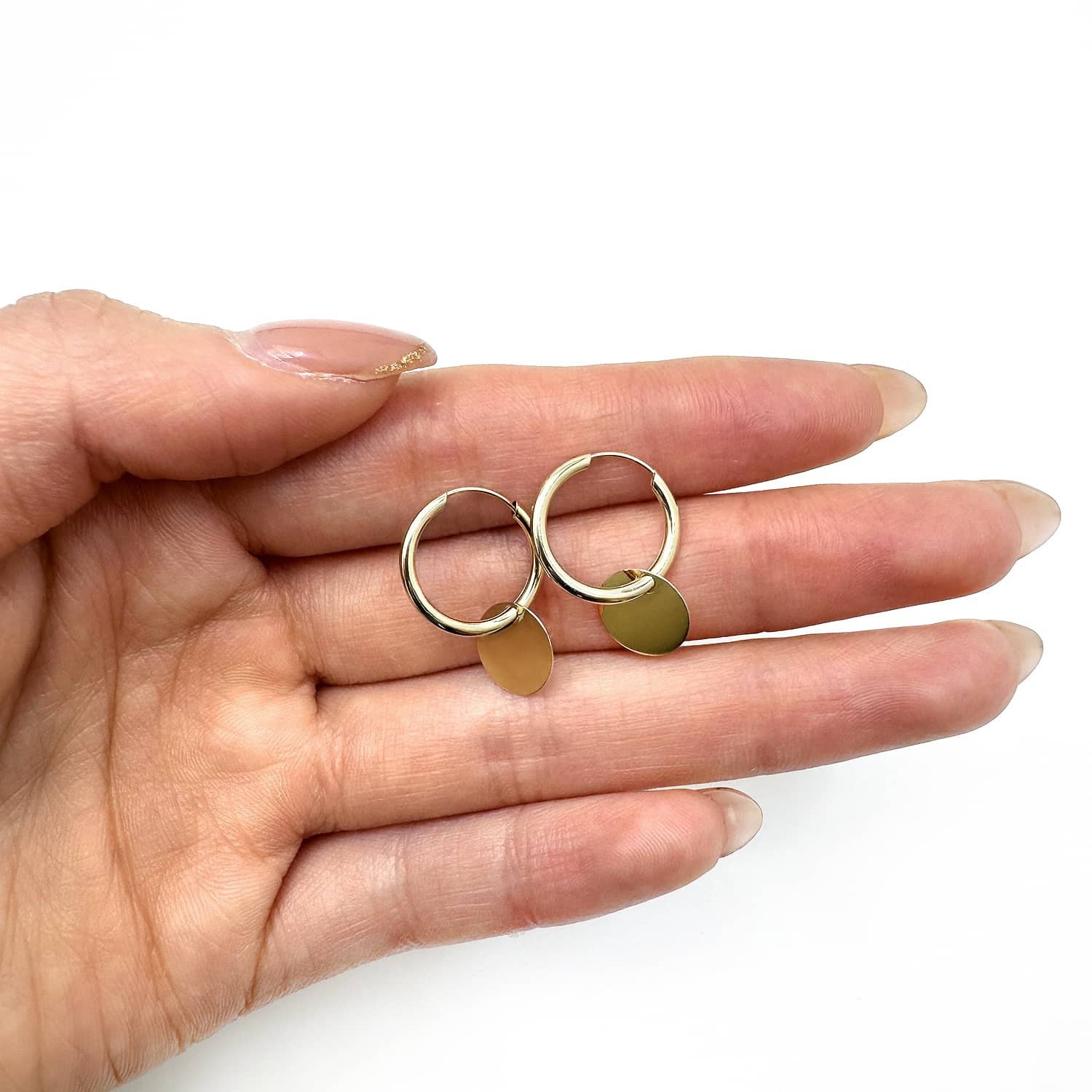 14K Yellow Gold Drop Dangle Circle Disc Endless Hoop Earrings