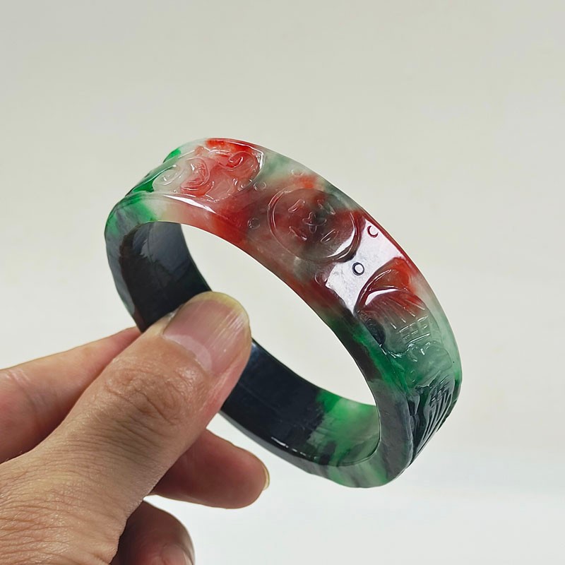 61mm Real Natural Ice Multicolor Burmese Jade jadeite Carving Bracelet Bangle