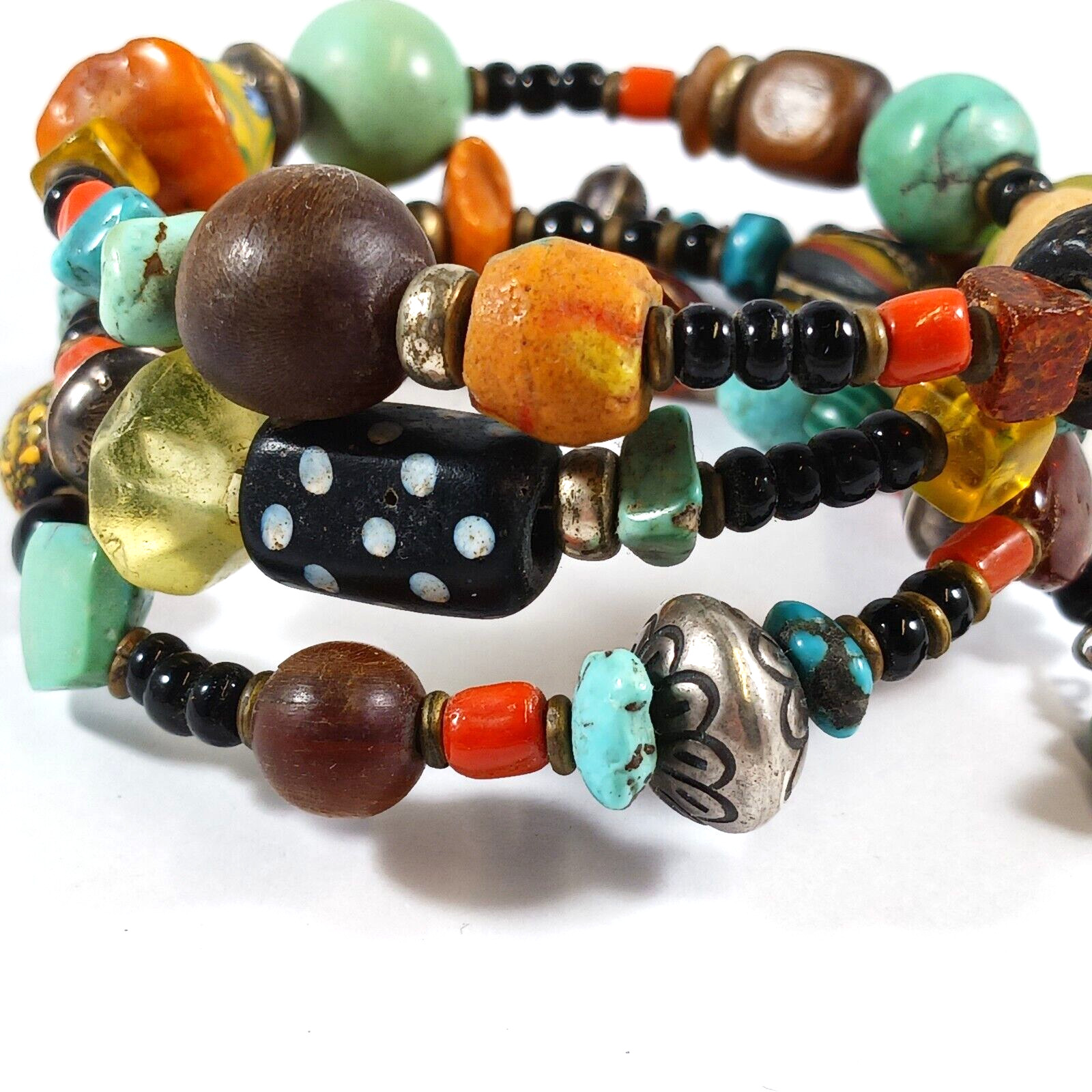 Southwest Bracelet Earrings Sterling Turquoise Amber Trade Beads Coral Vaseline
