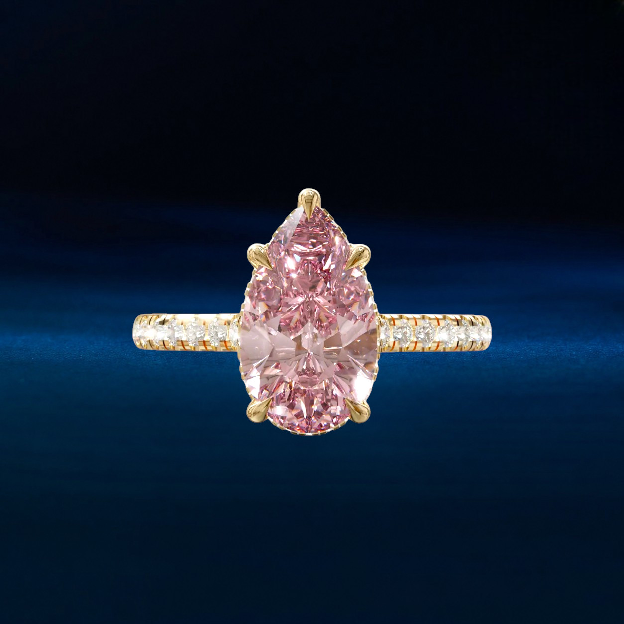 Fancy Vivid Pink Diamond Women Ring Lab Grown 4.70 Ct Pear Cut 18k Yellow Gold