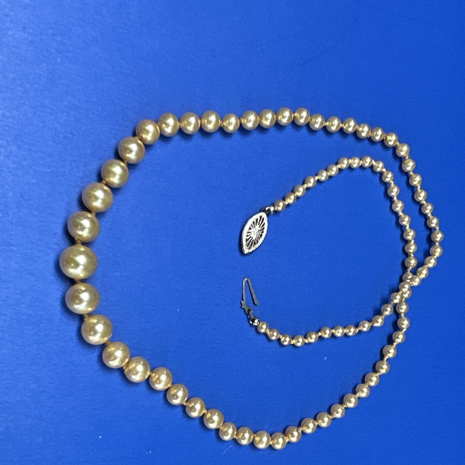 Mid-Century 18” Strand Faux Champagne Pearls 10k gold clasp