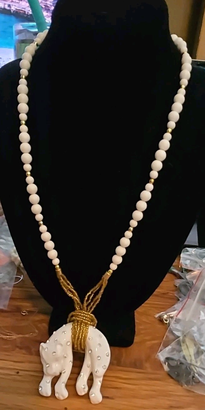 White Beaded Ball Chain Necklace Gold Tone Elephant Charm Pendant Rhinestones