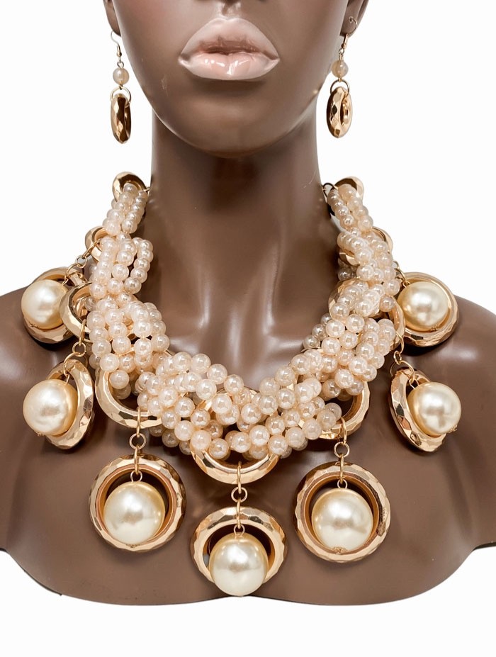 Faux Pearls Clear Statement Burlesque Inspired Bib Chunky Necklace Earrings Set