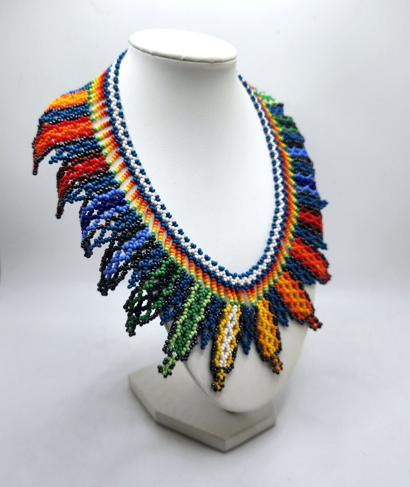 Artisan handmade beaded broad collar bib fringe necklace