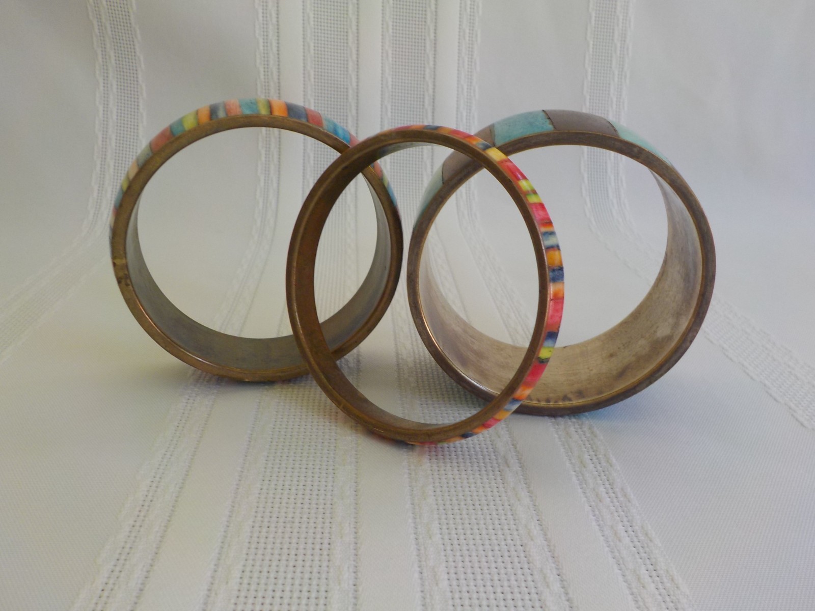 Wood & Dyed Unknown Bangle Bracelet Total 3 Metal Striped Multi Color Variety