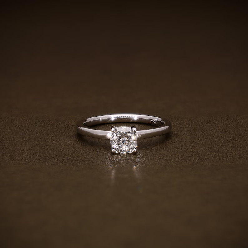 1CT Solitaire Ring Cushion Cut Lab Grown Diamond & 10KT White Gold FG VVS-VS