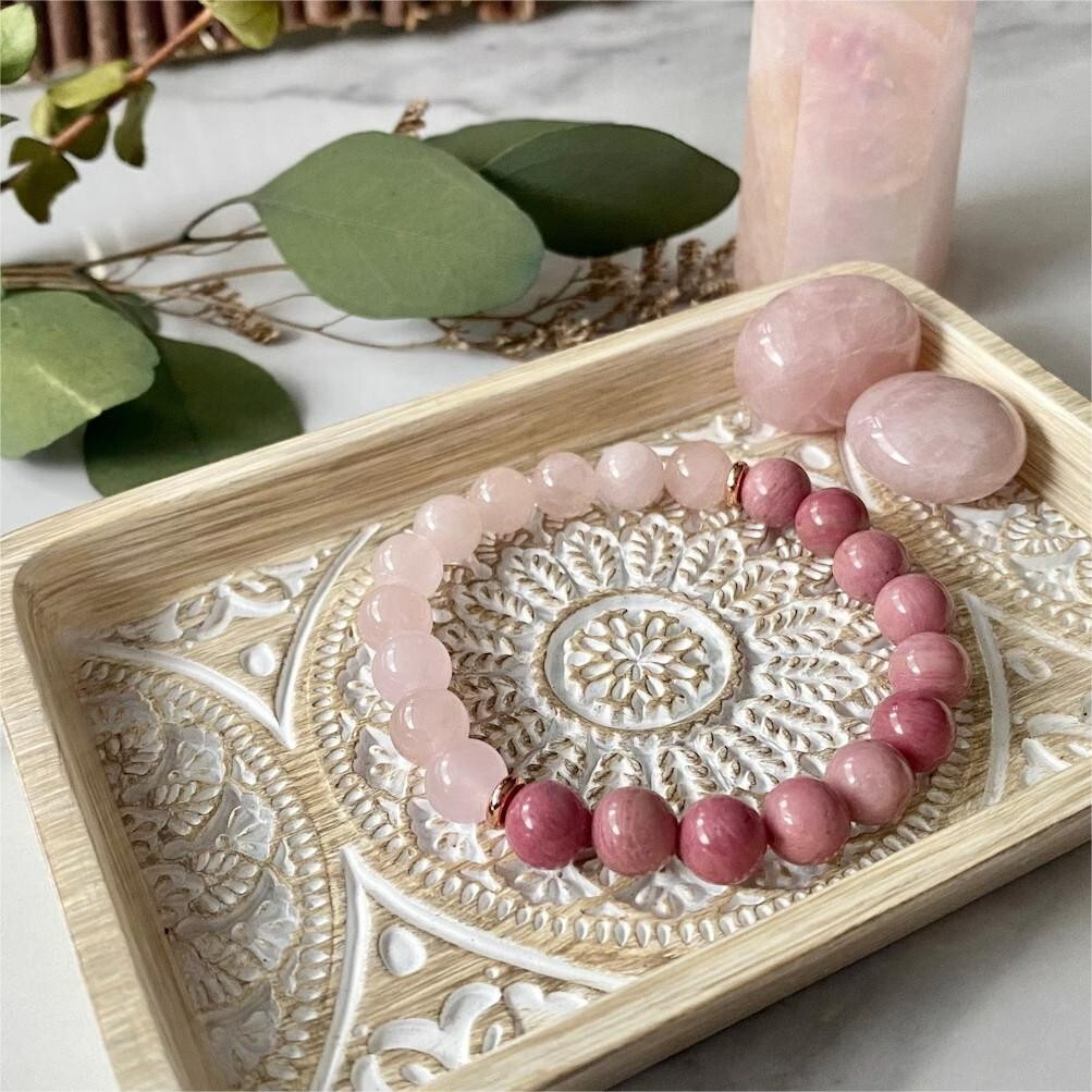 Rose Quartz & Rhodonite Gemstone Beads Healing Women Bracelet for Self Love Gift