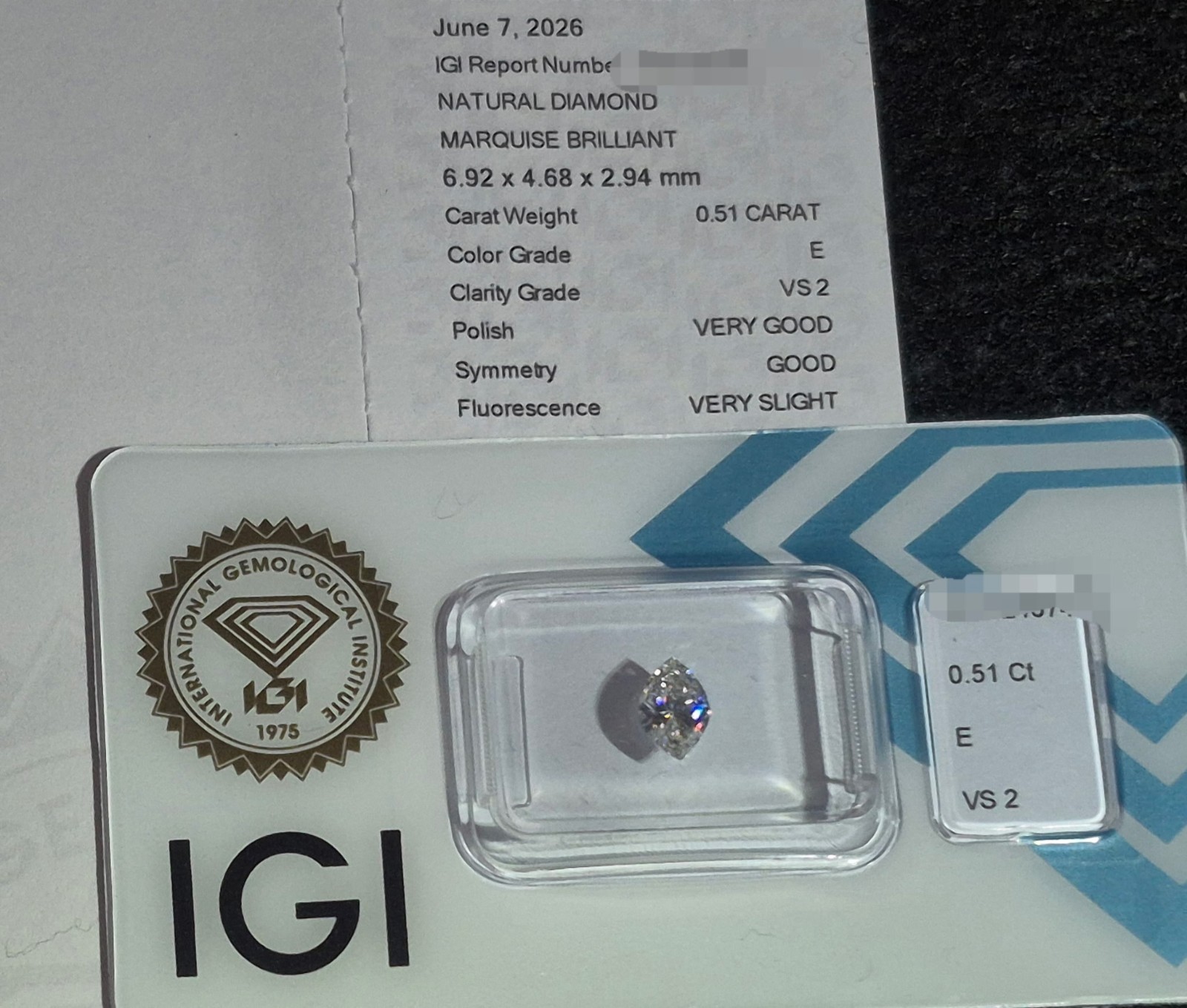 IGI Certified Natural Marquise Diamond 0.51ctw E VS2 Very Good Cut 6.92mm