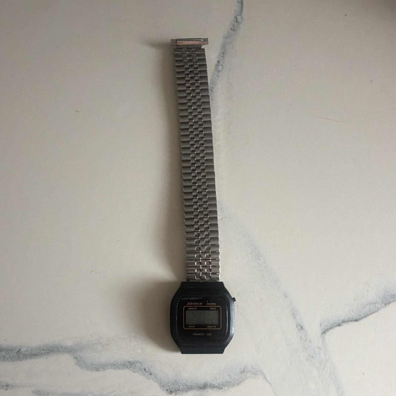 Advance Quartz LCD Digital Quartz Watch w/ Date, Square Black Case, SS Bracelet