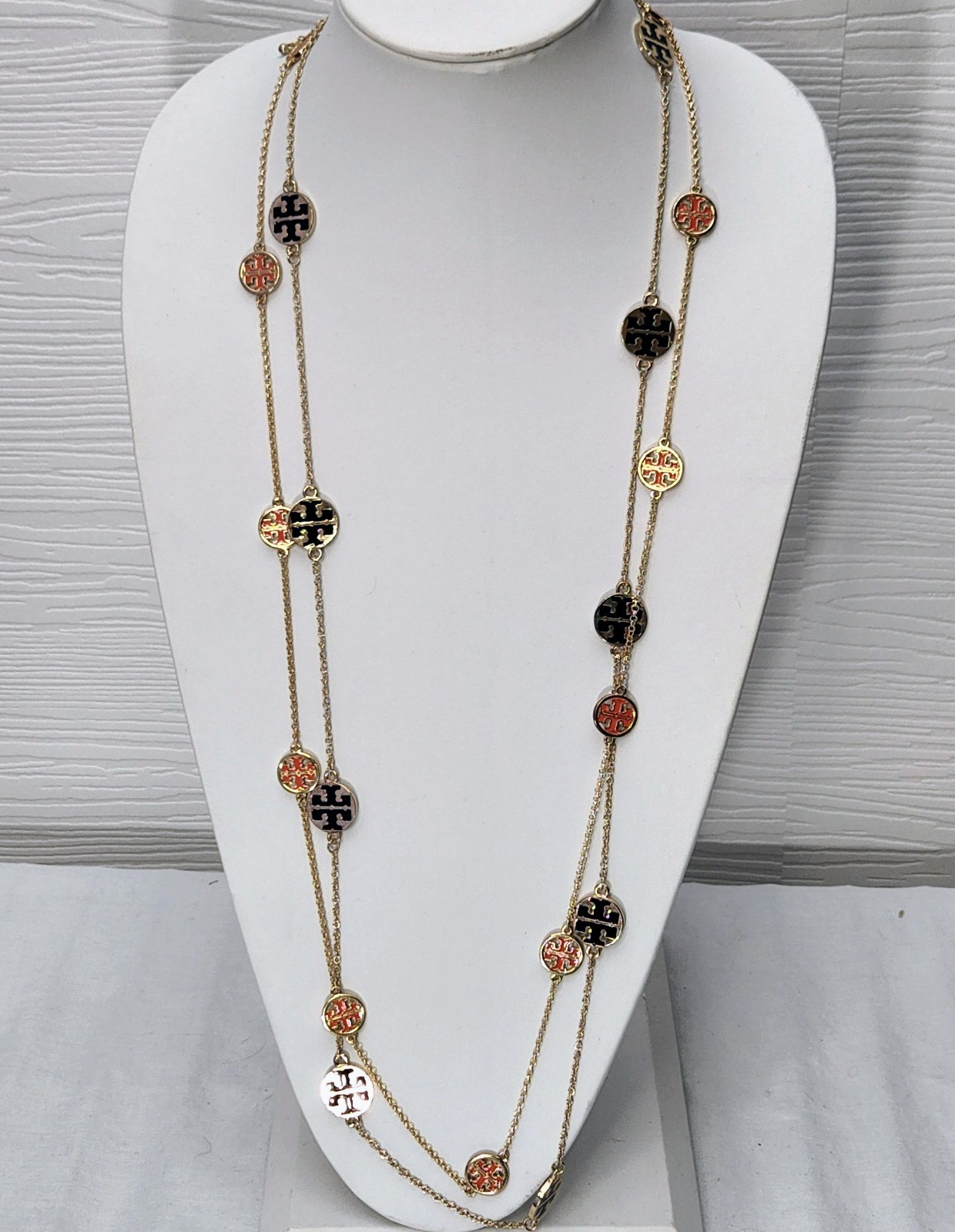 Tory Burch 2 Logo Necklaces Orange And Black 19.5″ Designer Layered