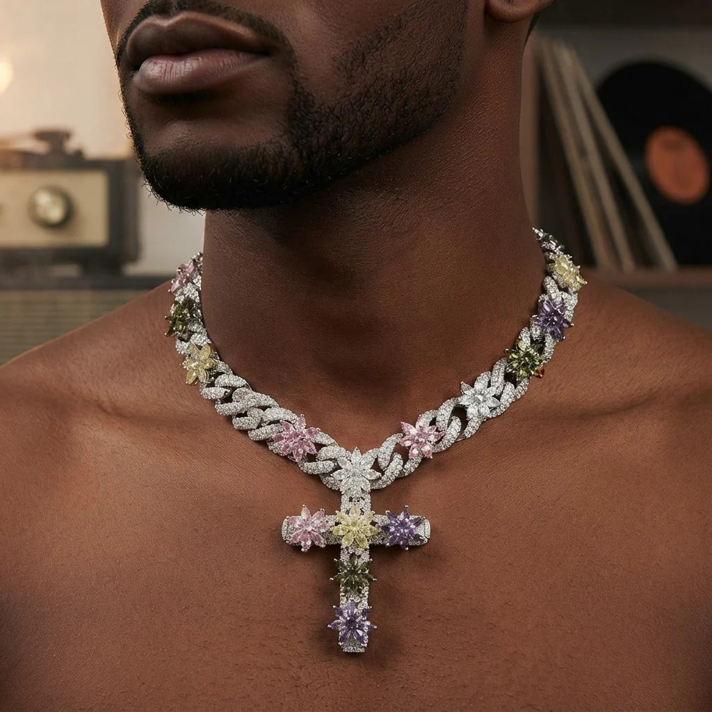 Iced Out Necklace Baguette CZ Cuban Zirconia Cross Charms