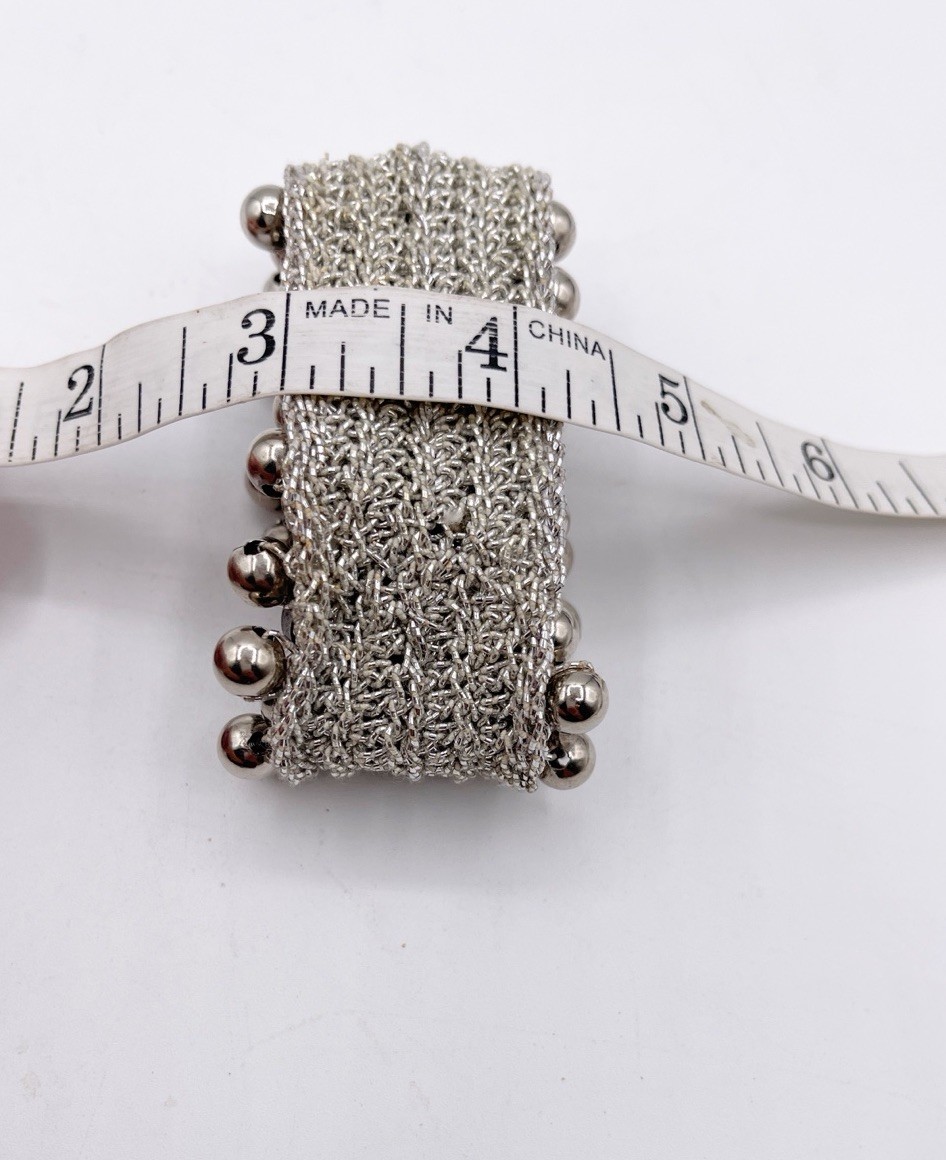 Artisan Layered Silver Tone Button Charm Wide Mesh Cuff Bracelet Boho Western