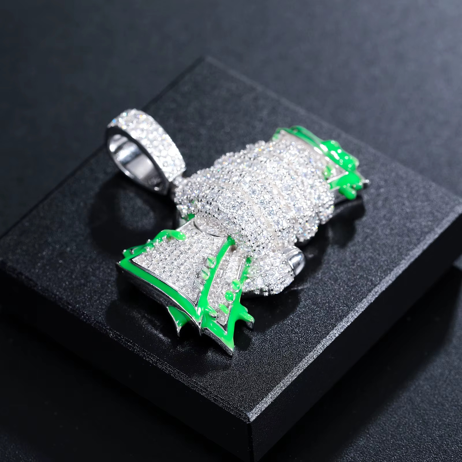Glow in Dark Money Fist Pendant 925 Silver Moissanite 14k White Gold Plated