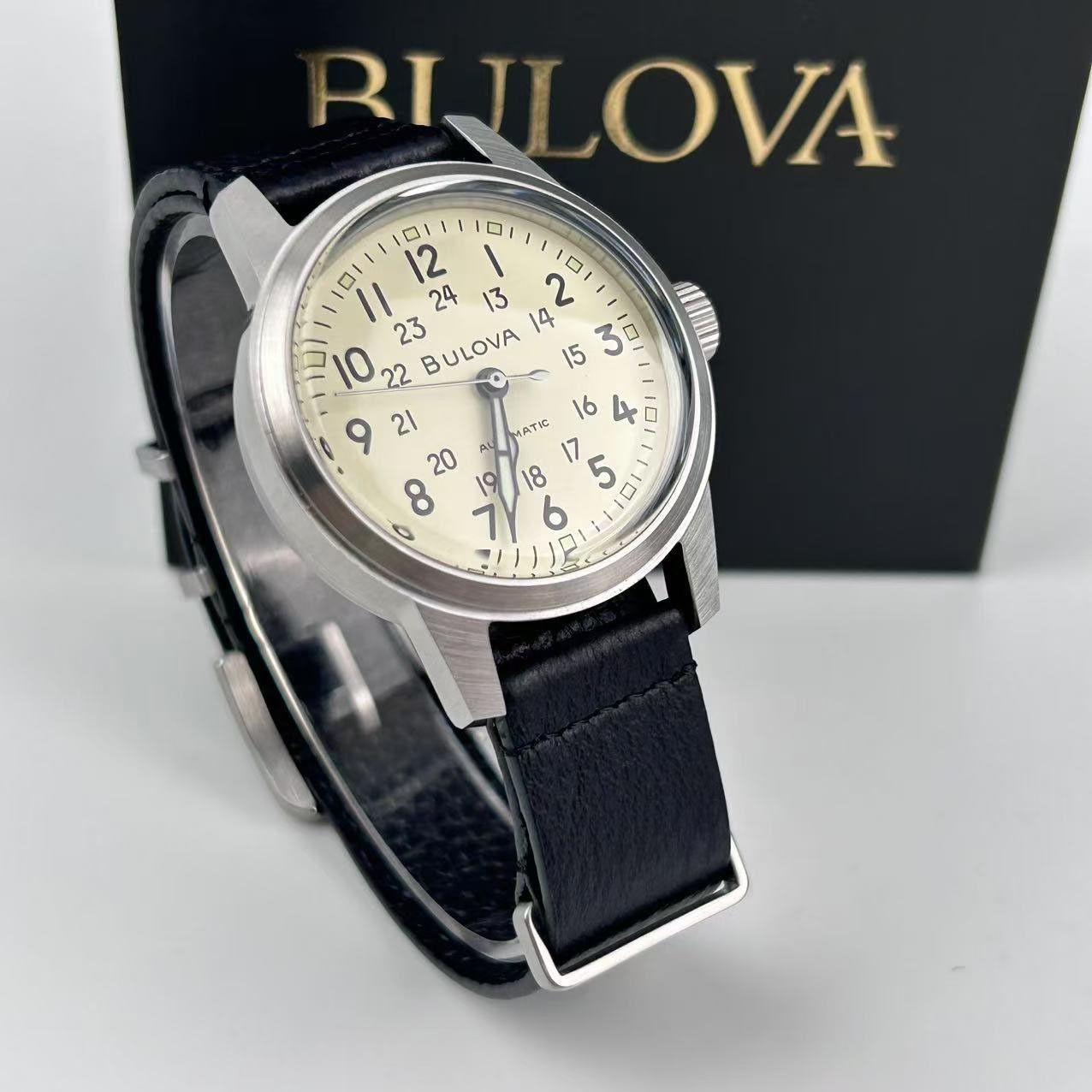 New Bulova Hack 96A246 Men’s Automatic Watch Ivory Dial Black Leather Strap 38mm