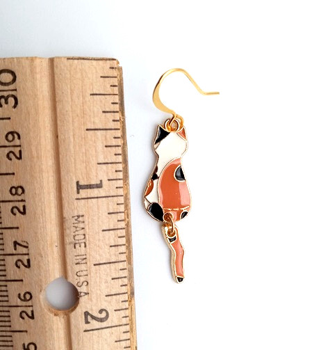 Metal and Enamel Multicolor Calico Cat Earrings with Wiggling Tails