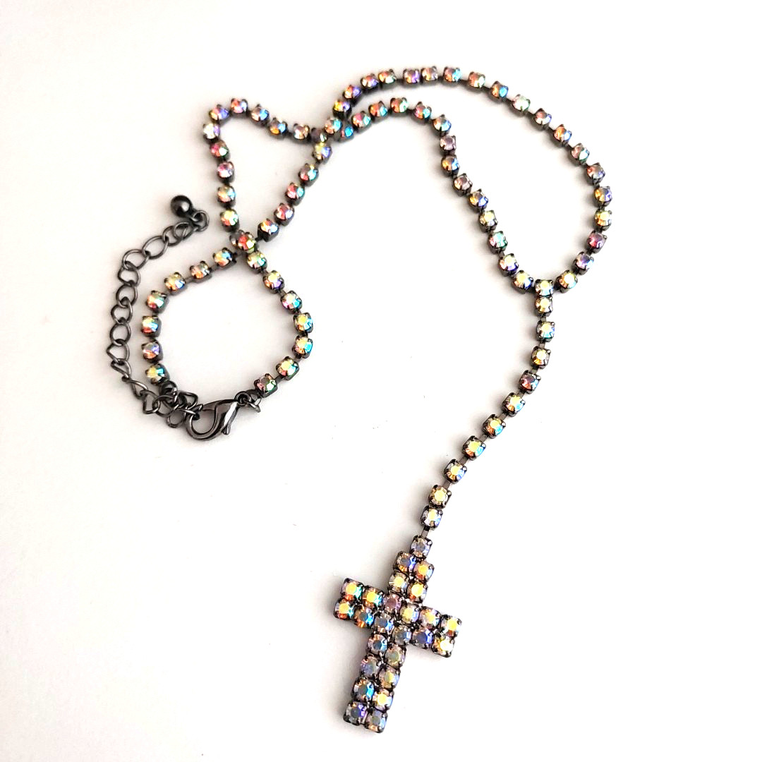 Vintage Y Drop CROSS Rhinestone Necklace AB Cup Chain Choker Gunmetal 14” to 17”