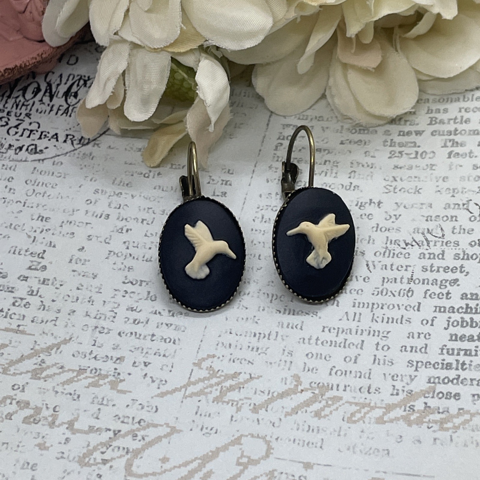 Black White Hummingbird Bird Bronze Boutique French Wire Cameo Earrings Wedding