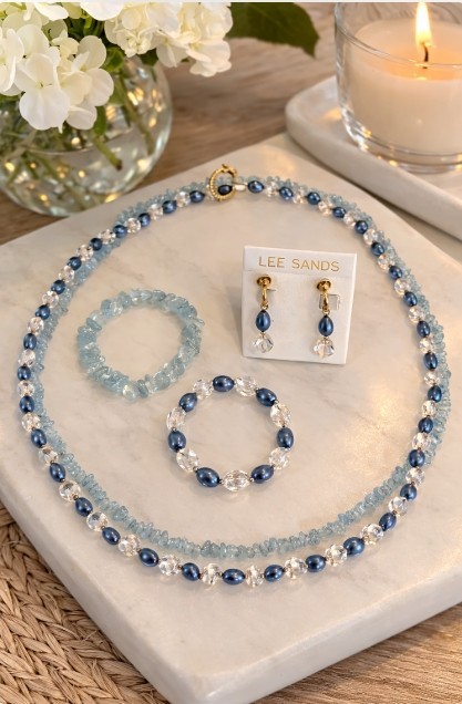 Lee Sands Blue Crystal Double Strand Necklace Set 18” Clip Earrings 2 Bracelets