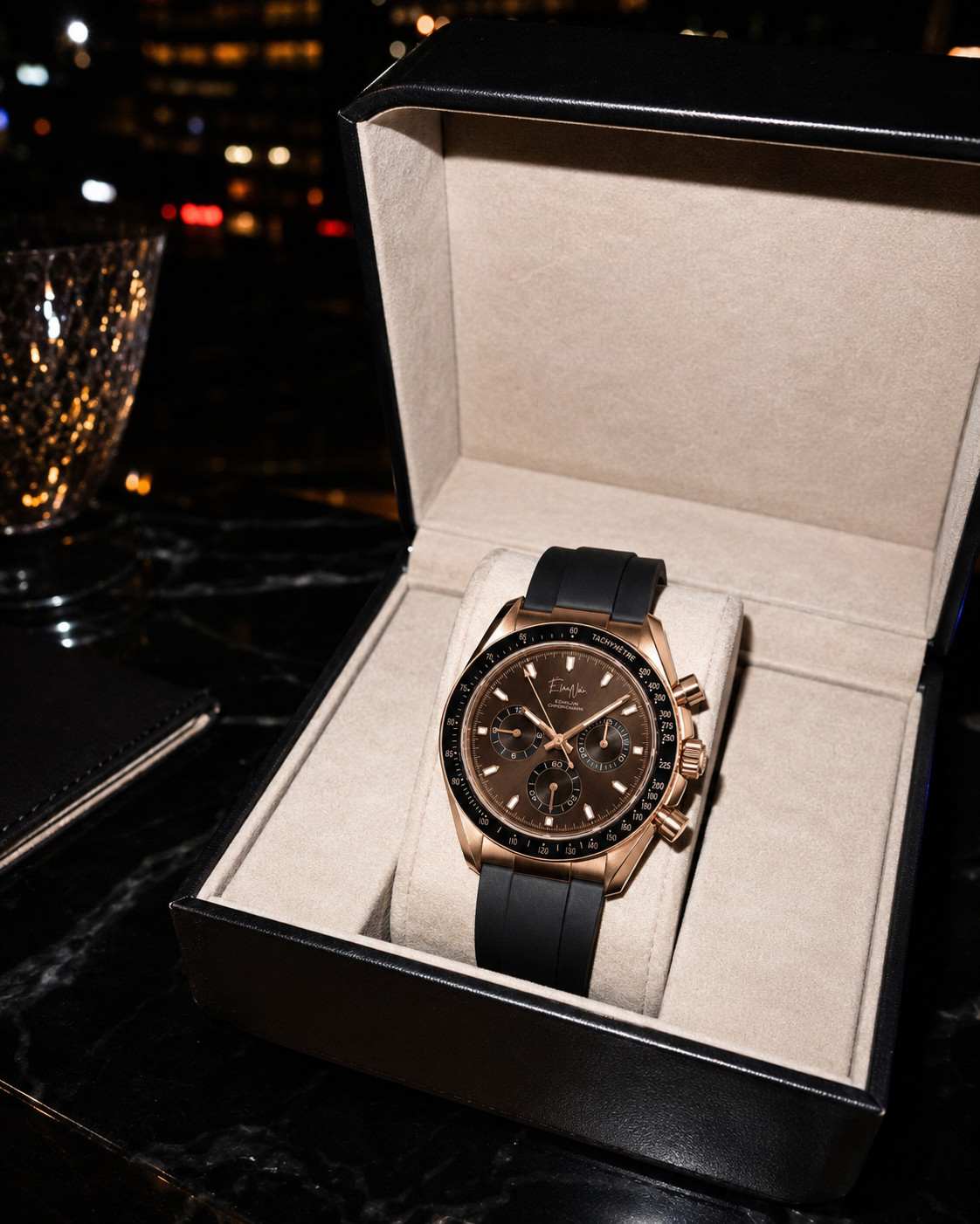 Élan Noir Chronograph Watch VK63 Brown Dial Rose Case SapphireCrystal Steel 40mm