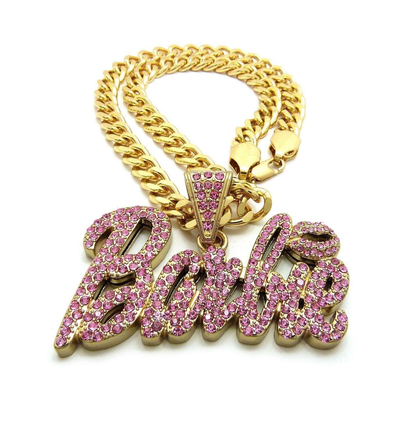 Women Gold Plated Pink Barbie Iced Cubic Zirconia Charm & Cuban Chain Necklace