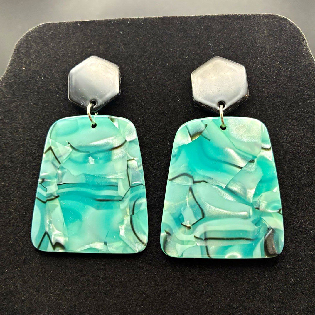 Teal Rectangular Plastic Dangle Drop Earrings