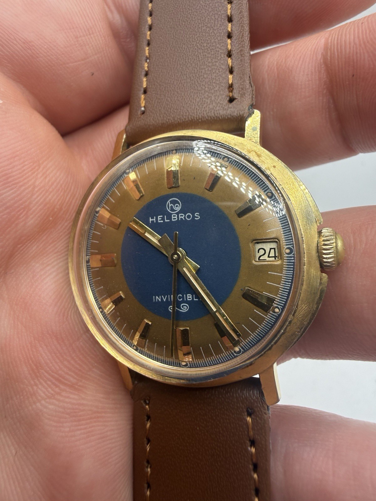 VINTAGE HELBROS Men’s Manual Wind Watch Date Sunburst Brown/Blue Dial 1960s 17J