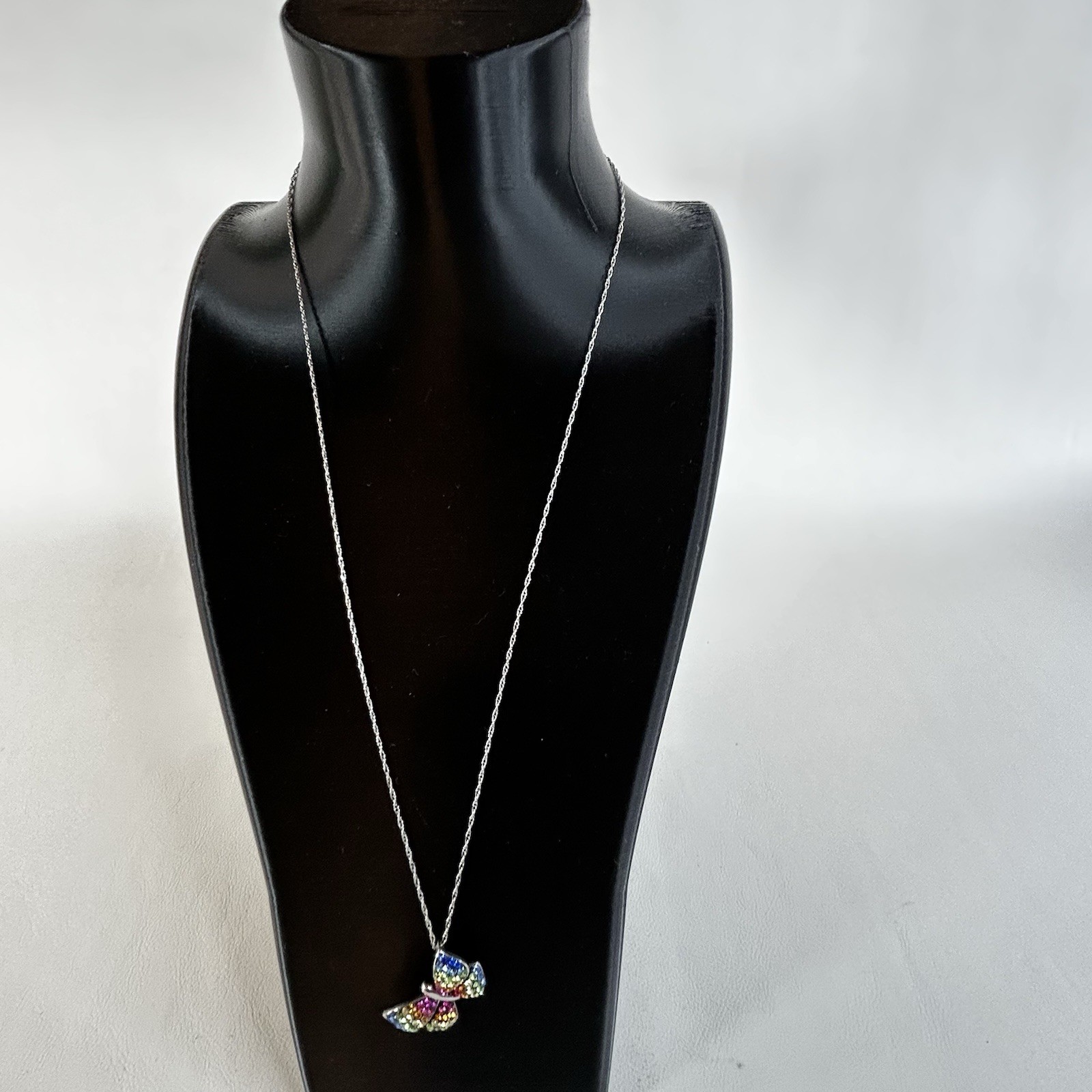 Sterling Silver & Rainbow Crystal Butterfly 18” Necklace Signed 925 JCM Thailand