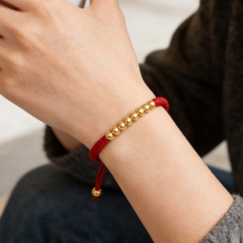 Lucky Golden Copper Round Bead Red Braided Rope Bracelet for Men and Women