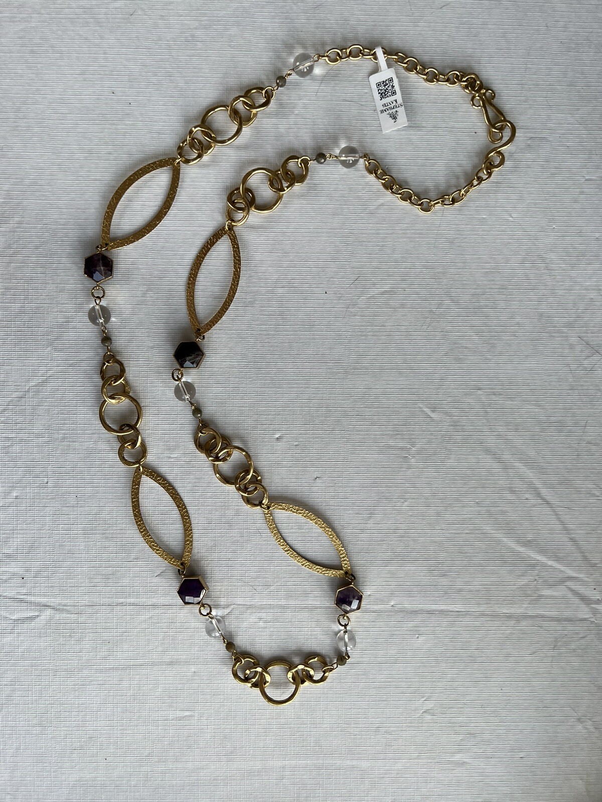 RARE Stephanie Kantis 24k Gold Plate Peace Necklace $985 Amethyst Hexagon 42”