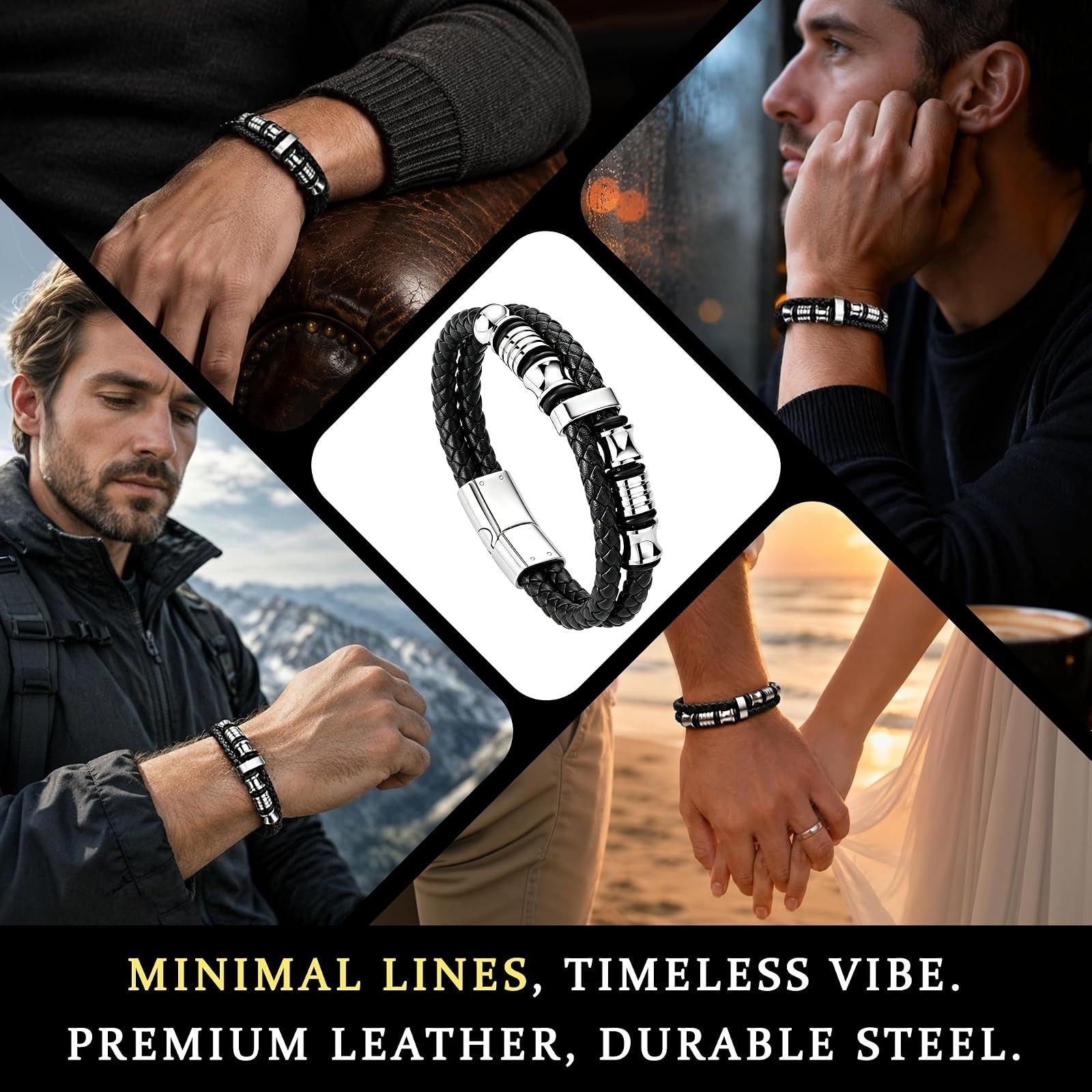 Men’s Braided Leather Bracelet 316L Stainless Steel Cuff