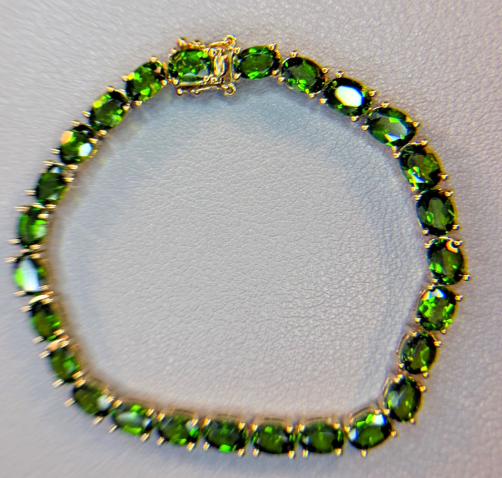 .925 Sterling Silver Gold Vermeil Deep Green Gem Oval Gemstone Tennis Bracelet