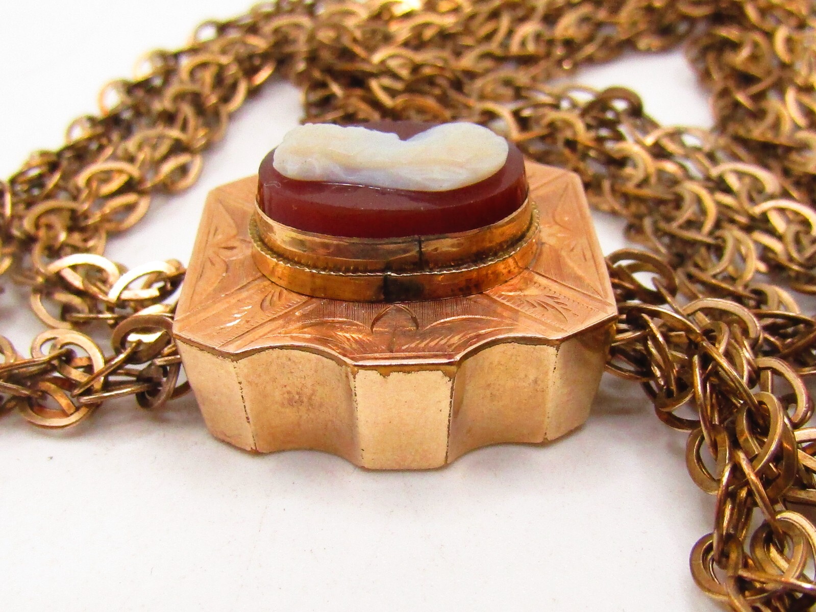 ANTIQUE VICTORIAN LADIES WATCH CHAIN WITH 1OK GOLD CAMEO SLIDE & G.F. CHAIN*