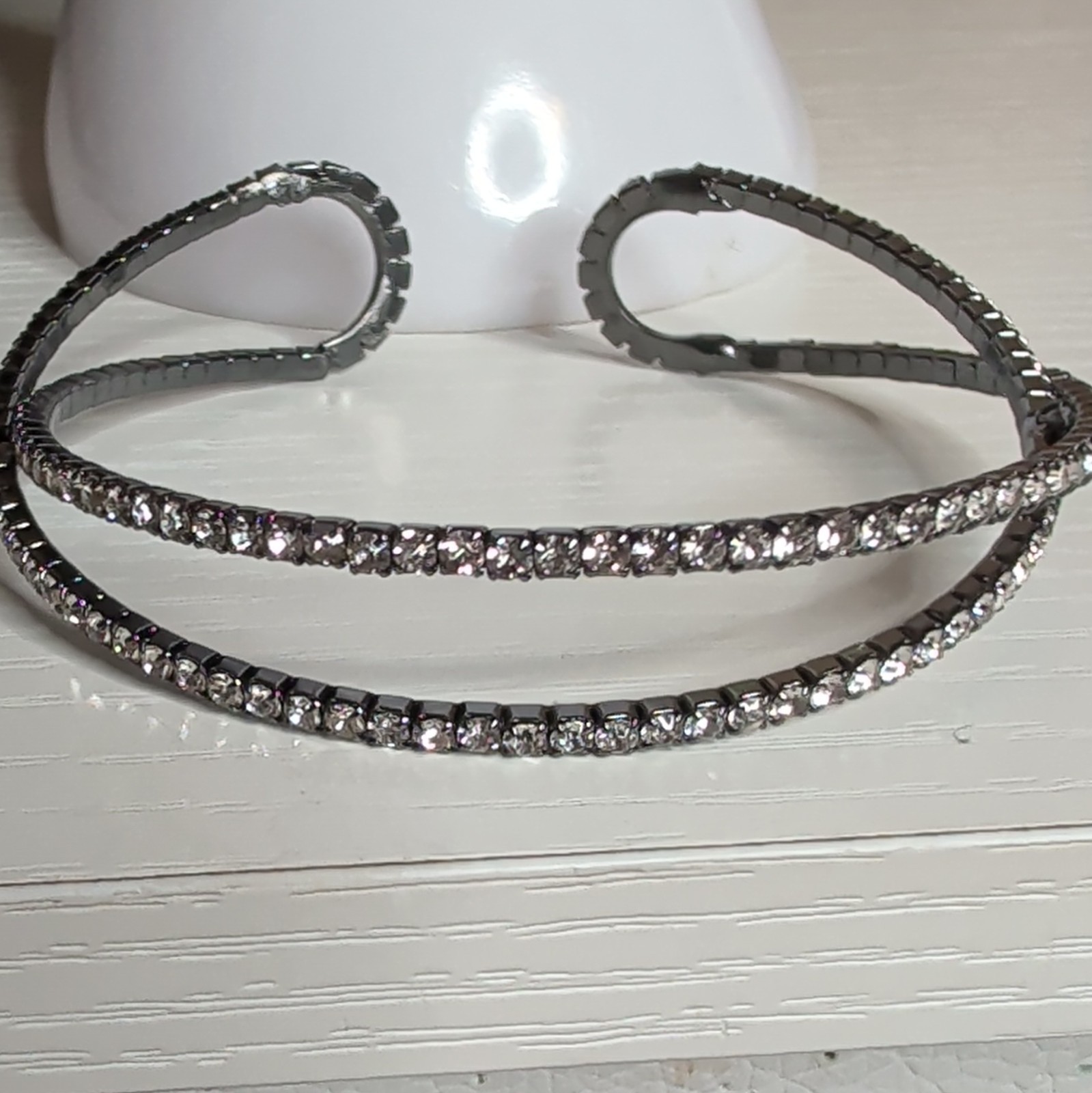 Silver-Tone Clear Round Crystal Double Row Tennis Open Cuff Wrap Bracelet