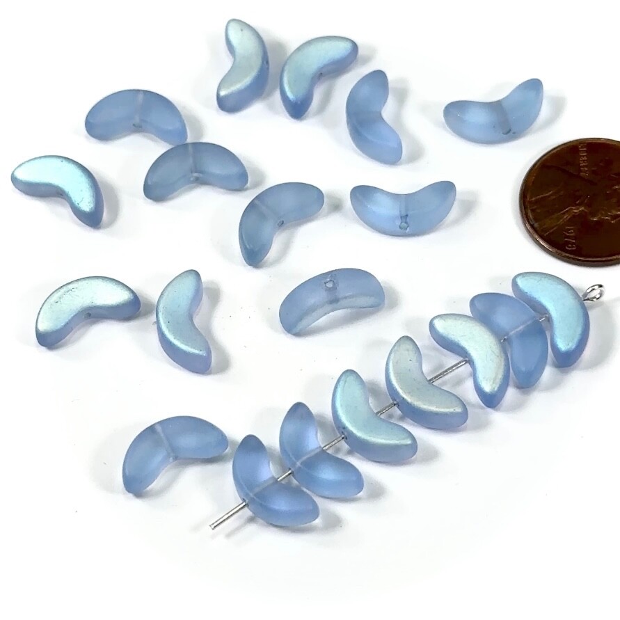 Czech Pressed Druk Moon Shape Glass Beads with Center Hole 13x5mm Blue AB Matted