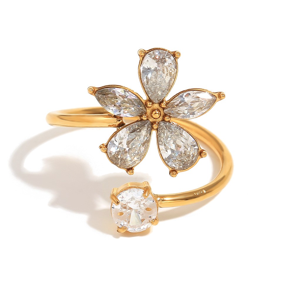 18K Gold Plated Stainless Steel Open Band Ring With Cubic Zirconia Flower Inlay